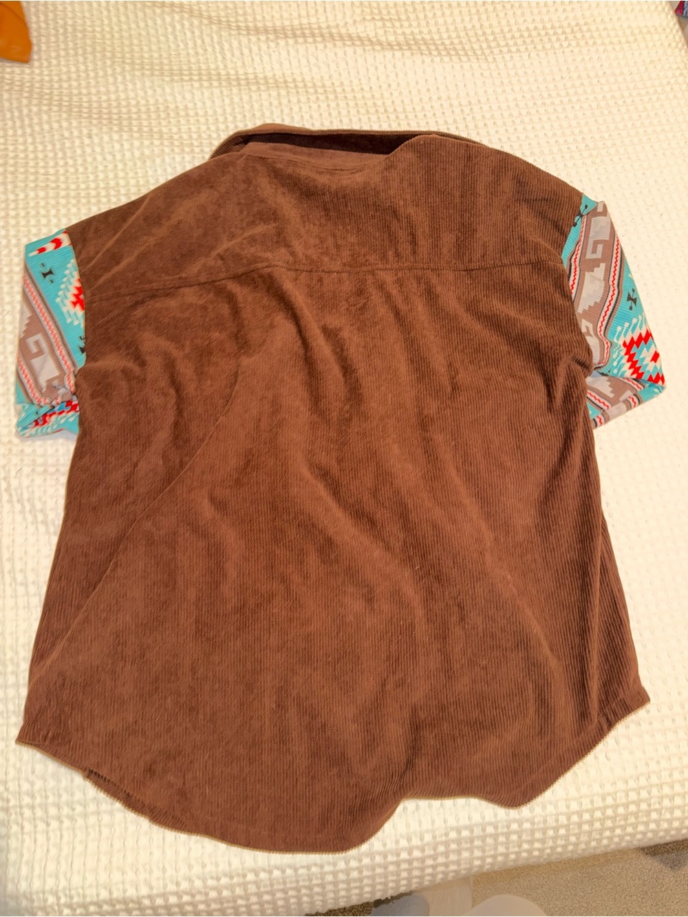 2/$10 - Brown Corduroy jacket with Turquoise Aztec Sleeves - Picture 4 of 4